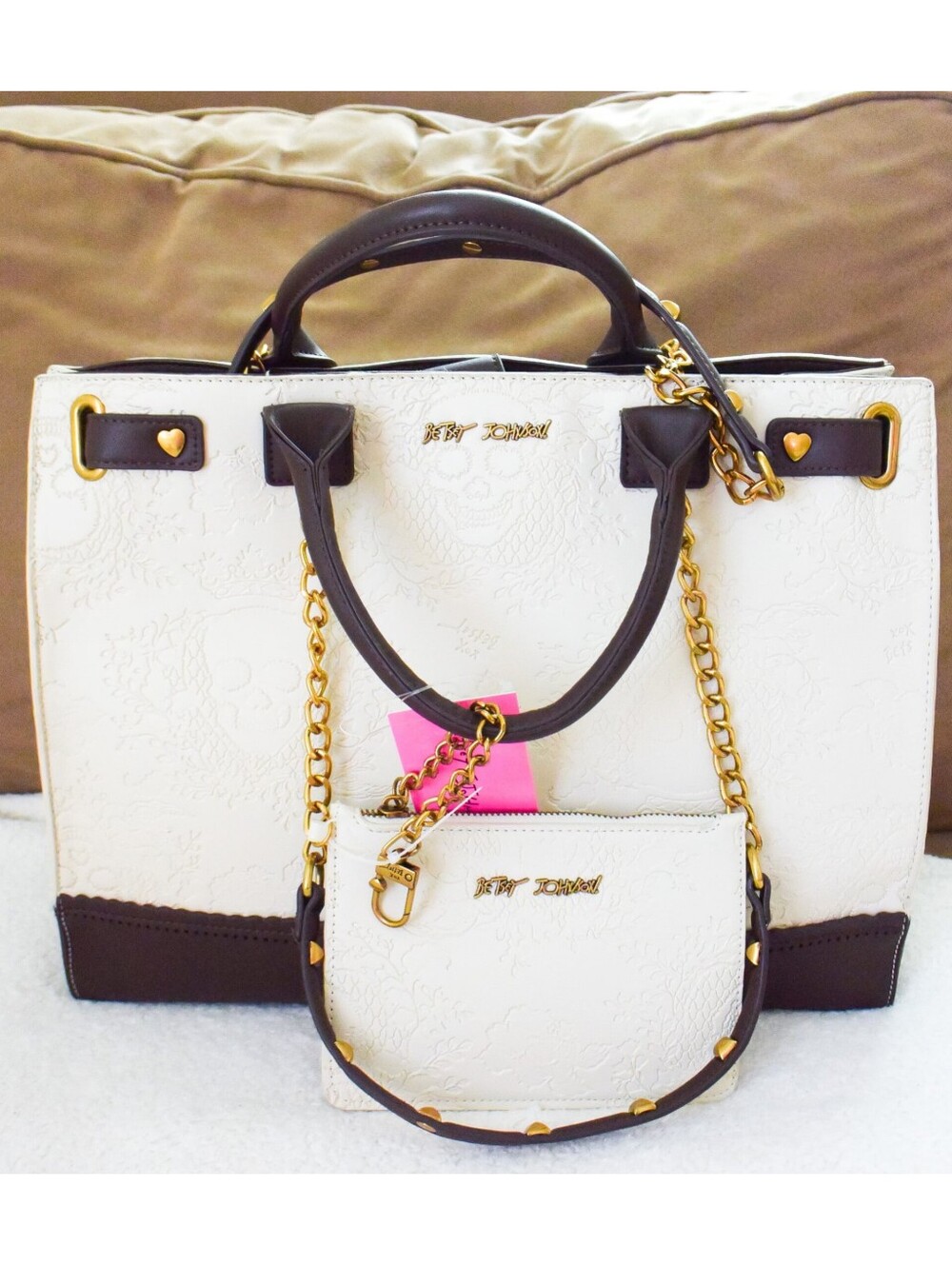 💀*Betsey Johnson* Cream & Brown Skull Limited Chain Tote LARGE Bag/Purse - NEW!